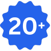 A blue and white badge or icon with the text '20+' in the center