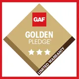 An image of a GAF Golden Pledge certification badge, which seems to indicate a higher level of warranty or quality assurance.