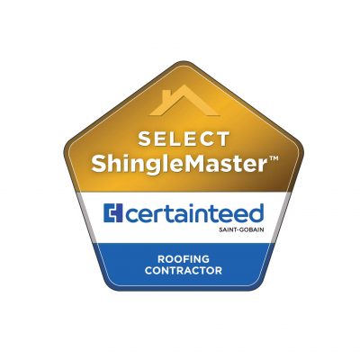 The Certainteed Select ShingleMaster logo, featuring a pentagon-shaped icon with the text 'SELECT ShingleMaster' and 'CERTAINTEED ROOFING CONTRACTOR'.