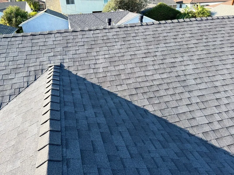 The image shows a close-up view of a sloped roof covered in grey asphalt shingles. The roof appears to be part of a residential building, with other roofs and structures visible in the background.