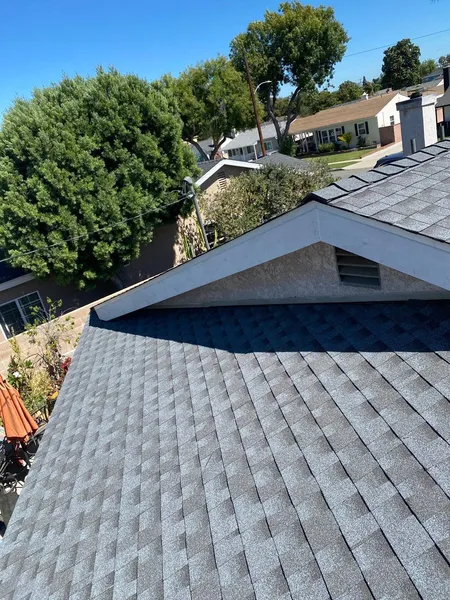 A residential neighborhood with houses, trees, and a roof with gray shingles in the foreground.