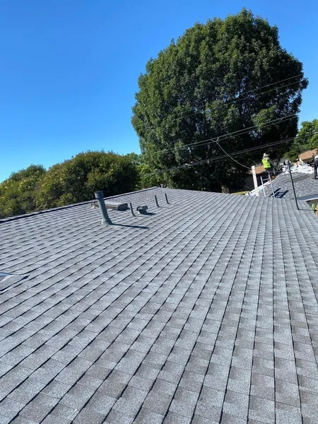 An image of a residential neighborhood showing the rooftops of several houses. The focus is on a roof with a distinctive triangular peak and overlapping gray tiles.